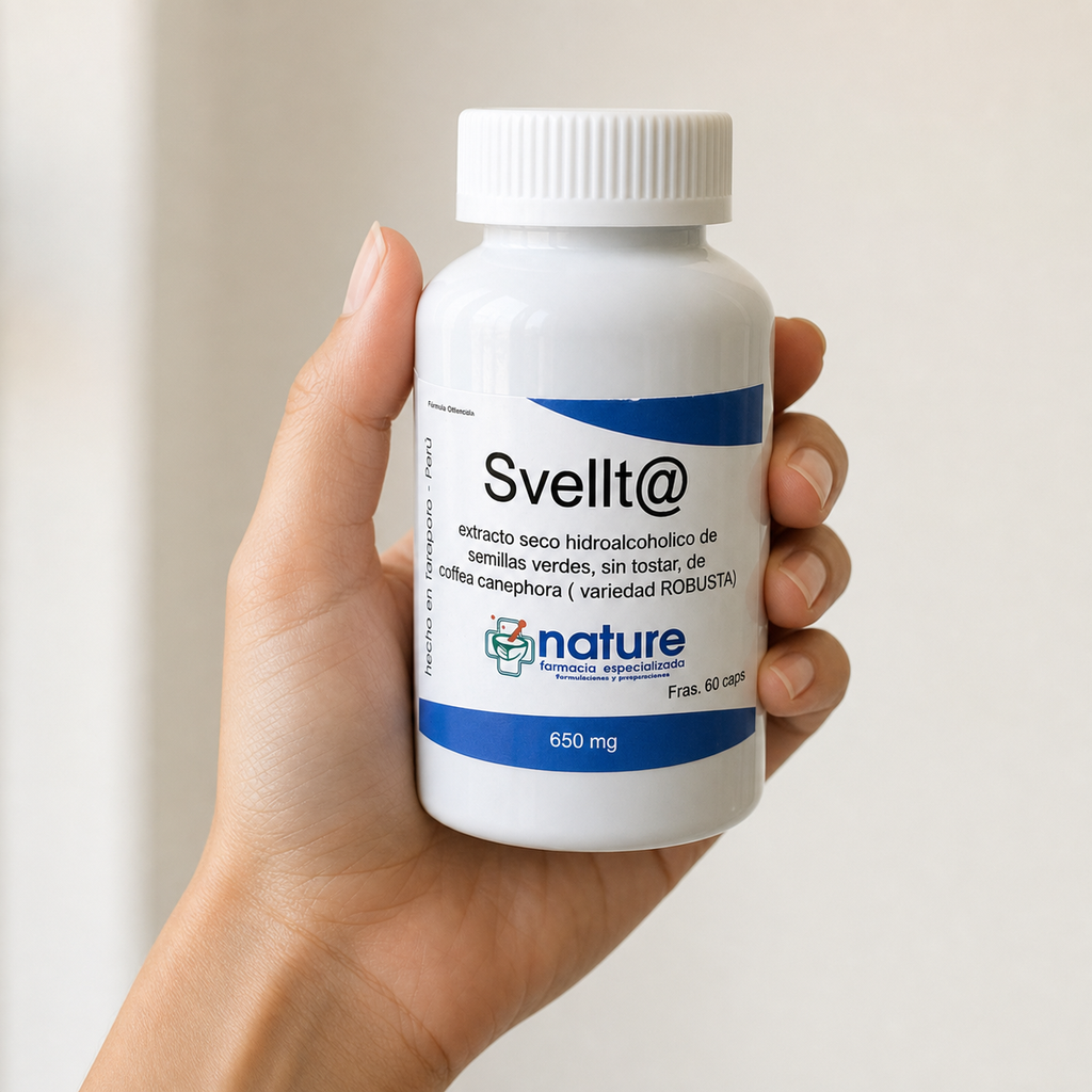 Svellt@ Caps — el envase sostenido en una mano, para ver su tamaño real
