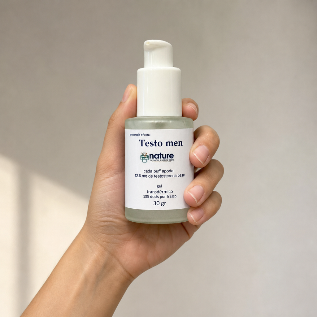 Testo Men — el envase sostenido en una mano, para ver su tamaño real