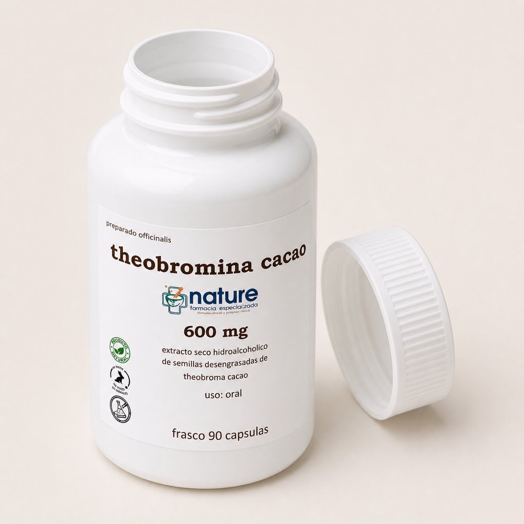 Theobromina cacao 600 mg — el envase abierto, con la tapa al costado