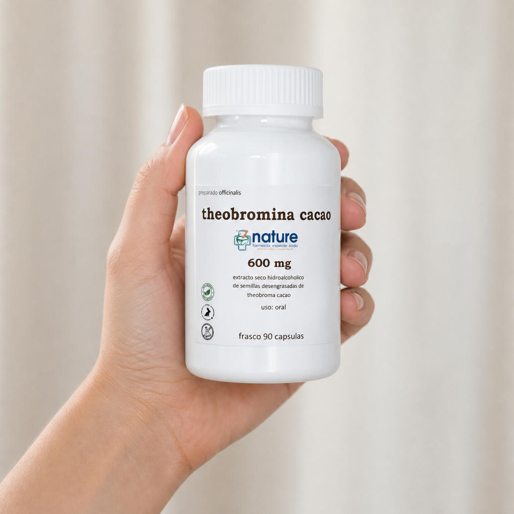 Theobromina cacao 600 mg — el envase sostenido en una mano, para ver su tamaño real