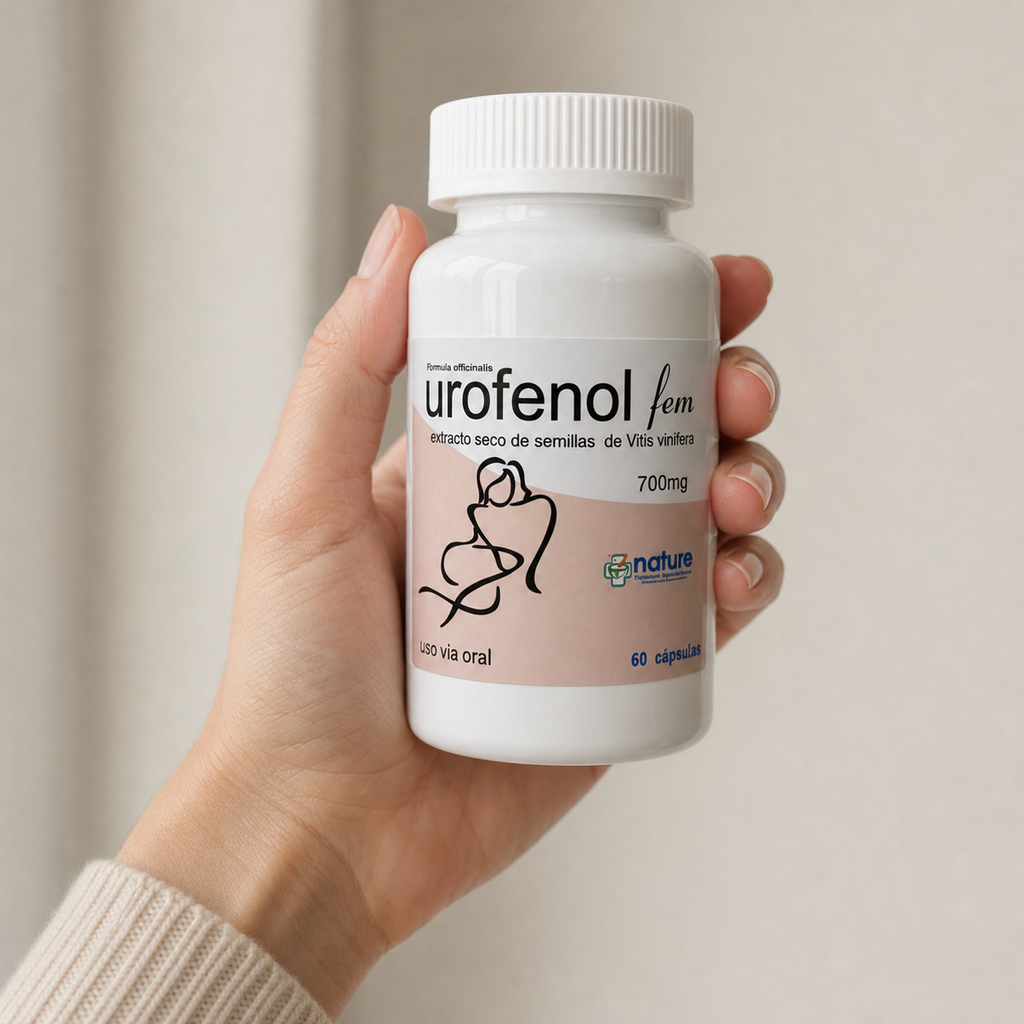 Urofenol Fem — el envase sostenido en una mano, para ver su tamaño real