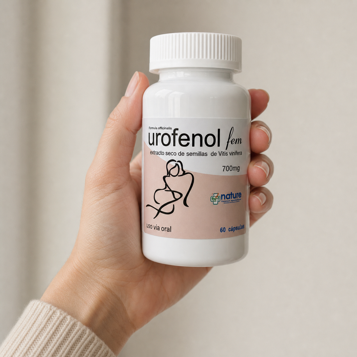 Urofenol Fem — el envase sostenido en una mano, para ver su tamaño real