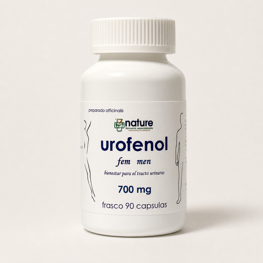 Urofenol — frasco de 90 cápsulas, sobre fondo blanco