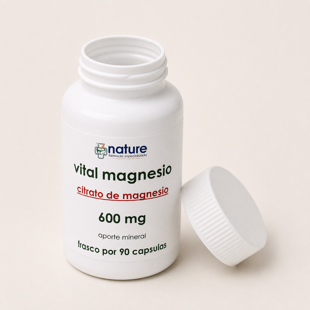 Vital Magnesio – Citrato de Magnesio — el envase abierto, con la tapa al costado