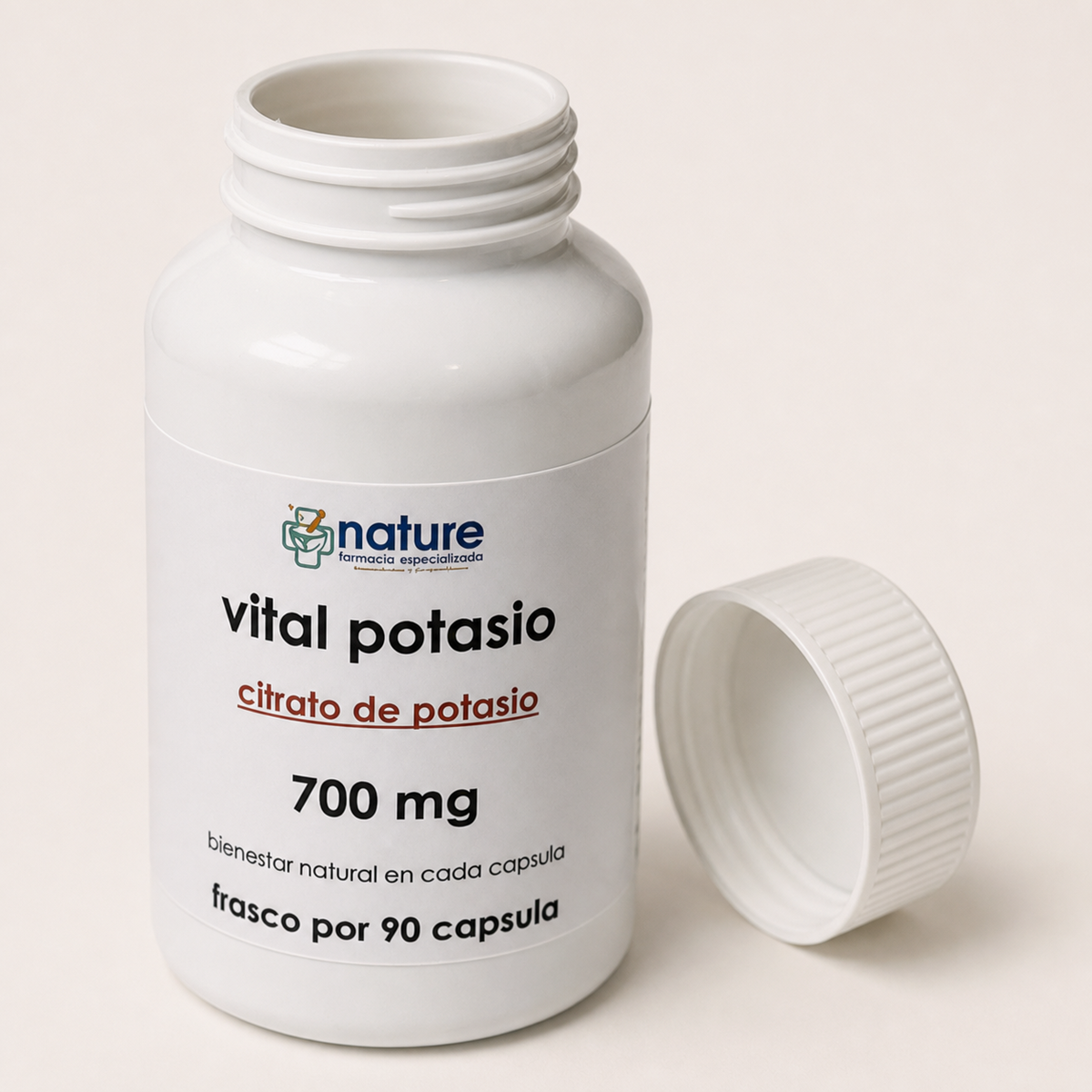 Vital Potasio (citrato de potasio) — el envase abierto, con la tapa al costado