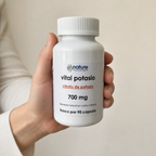 Vital Potasio (citrato de potasio) — el envase sostenido en una mano, para ver su tamaño real