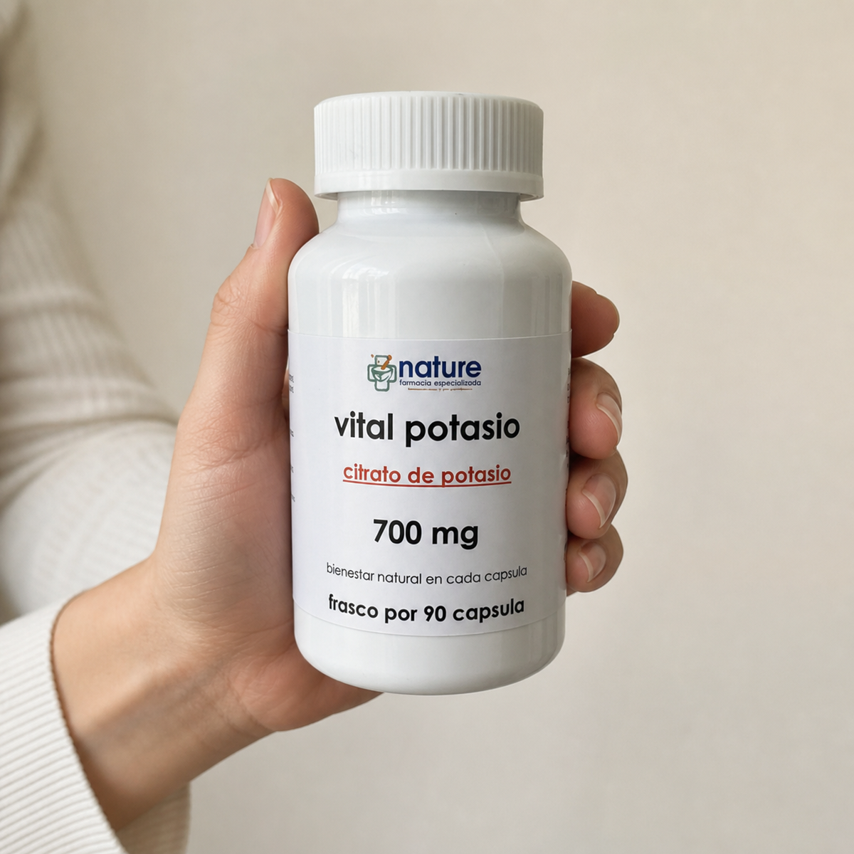 Vital Potasio (citrato de potasio) — el envase sostenido en una mano, para ver su tamaño real