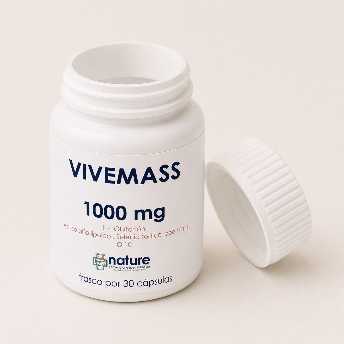 Vive + — el envase abierto, con la tapa al costado